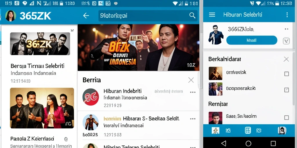 Tampilan antarmuka utama aplikasi 365ZK dengan berita selebriti terbaru.