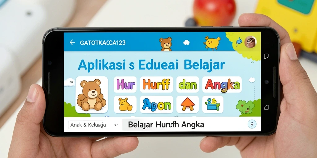 Antarmuka interaktif GATOTKACA123 dengan fitur belajar huruf dan angka.