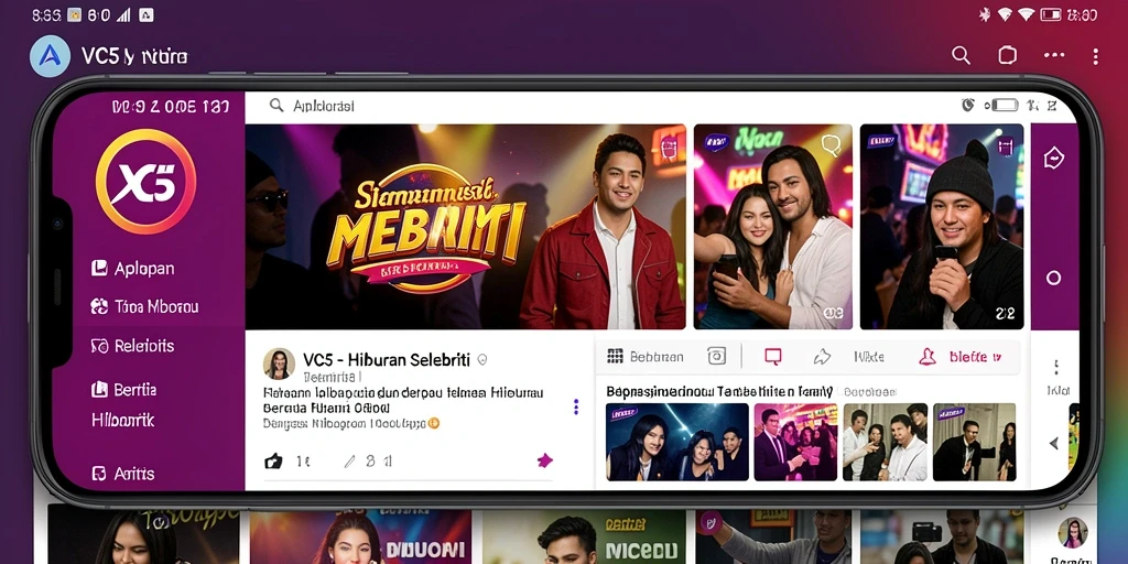 Antarmuka aplikasi VC5 yang menampilkan berita hiburan selebriti terbaru.